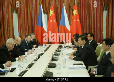 Sochi, Russia. 7 febbraio, 2014. Il presidente cinese Xi Jinping incontra il Presidente ceco Zeman a Sochi, Russia, Febbraio 7, 2014. © Hongguang Lan/Xinhua/Alamy Live News Foto Stock