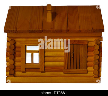 Vista frontale del modello di villaggio log in legno casa durante la notte isolati su sfondo bianco Foto Stock