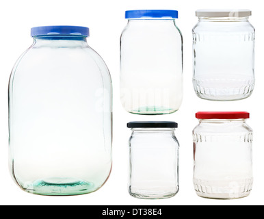 Insieme di chiuse vasetti di vetro isolato su sfondo bianco Foto Stock
