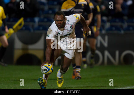 Worcester, Regno Unito. 07 feb 2014. Vereniki GONEVA (Leicester Tigers) punteggi durante la Aviva Premiership partita di rugby tra Worcester Warriors e Leicester Tigers al Sixways Stadium di Worcester Credit: Azione Plus sport/Alamy Live News Foto Stock