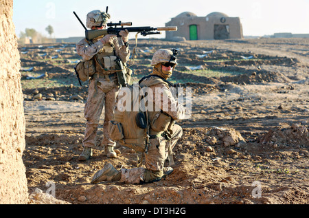 Marines americani fornire protezione durante una pattuglia di Gennaio 15, 2014 vicino a Patrol Base Boldak nella provincia di Helmand, Afghanistan. Foto Stock