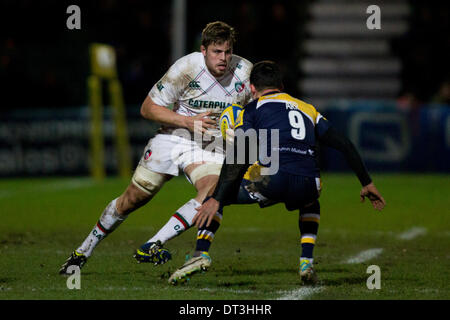 Worcester, Regno Unito. 07 feb 2014. Ed Slater (Leicester Tigers) nella foto durante la Aviva Premiership partita di rugby tra Worcester Warriors e Leicester Tigers al Sixways Stadium di Worcester Credit: Azione Plus sport/Alamy Live News Foto Stock