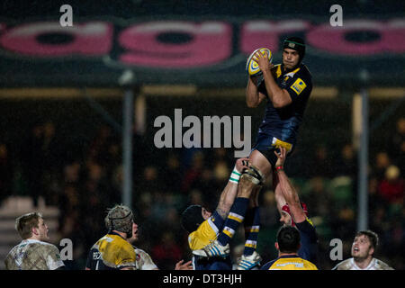 Worcester, Regno Unito. 07 feb 2014. Mariano GALARZA (Worcester Warriors) impiega una linea fuori durante la Aviva Premiership partita di rugby tra Worcester Warriors e Leicester Tigers al Sixways Stadium di Worcester Credit: Azione Plus sport/Alamy Live News Foto Stock