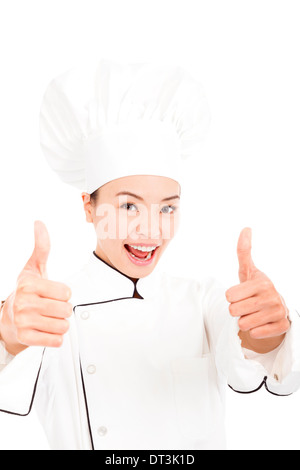 Donna asiatica chef cuoco o baker mostra Thumbs up su bianco Foto Stock