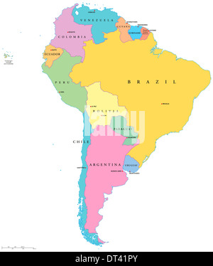 Mappa politica del Sud America con singoli Stati,i capitelli e i confini nazionali con etichetta inglese e scala Foto Stock