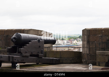 Un cannone guarda attraverso i merli sulle mura del Castello di Carrickfergus, un castello normanno in Irlanda del Nord, Foto Stock