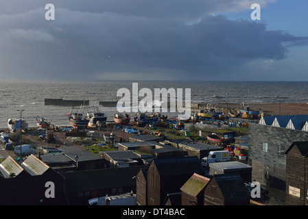 HASTINGS Stade spiaggia pesca net capanne Foto Stock