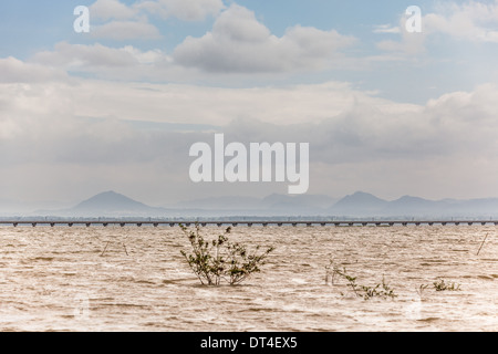 Ci sono un sacco di acqua nel bacino con un lungo ponte come sfondo Foto Stock