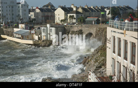 Plymouth, Devon, Regno Unito. 8 febbraio 2014. Venti forti e alte maree creare onde giganti e instabile dei mari, Plymouth Hoe, Devon, Inghilterra 8 febbraio 2014 Credit: Anna Stevenson/Alamy Live News Foto Stock