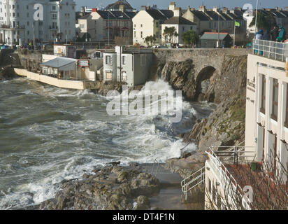 Plymouth, Devon, Regno Unito. 8 febbraio 2014. Venti forti e alte maree creare onde giganti e instabile dei mari, Plymouth Hoe, Devon, Inghilterra 8 febbraio 2014 Credit: Anna Stevenson/Alamy Live News Foto Stock