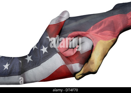 Handshake diplomatiche tra paesi: bandiere di Stati Uniti e Germania sovradipinta le due mani Foto Stock