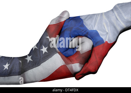 Handshake diplomatiche tra paesi: bandiere di Stati Uniti e Repubblica ceca sovradipinta le due mani Foto Stock