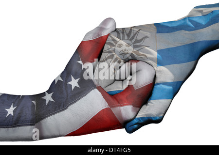 Handshake diplomatiche tra paesi: bandiere di Stati Uniti e Uruguay sovradipinta le due mani Foto Stock