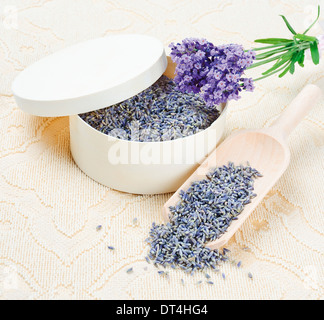 Secchi e freschi di fiori di lavanda in una scatola di legno su un convogliatore sul tessile Foto Stock