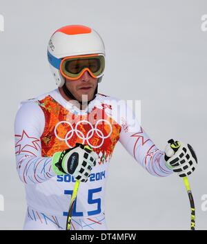 Sochi, Russia. Il 9 febbraio, 2014. Bode Miller DI STATI UNITI D'AMERICA reagisce durante l'uomo in discesa Sci Alpino in Rosa Khutor Alpine Center a Sochi 2014 Giochi Olimpici, Krasnaya Polyana, Russia, 09 febbraio 2014. Foto: Michael Kappeler/dpa Foto Stock