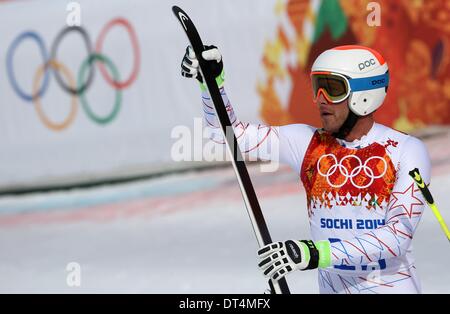 Sochi, Russia. Il 9 febbraio, 2014. Bode Miller DI STATI UNITI D'AMERICA reagisce durante l'uomo in discesa Sci Alpino in Rosa Khutor Alpine Center a Sochi 2014 Giochi Olimpici, Krasnaya Polyana, Russia, 09 febbraio 2014. Foto: Michael Kappeler/dpa Foto Stock
