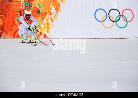 Sochi, Russia. Il 9 febbraio, 2014. Bode Miller DI STATI UNITI D'AMERICA reagisce durante l'uomo in discesa Sci Alpino in Rosa Khutor Alpine Center a Sochi 2014 Giochi Olimpici, Krasnaya Polyana, Russia, 09 febbraio 2014. Foto: Michael Kappeler/dpa Foto Stock