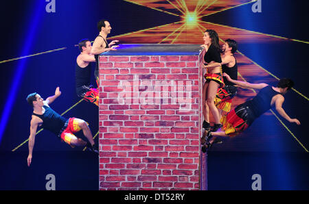 Wiesbaden, Germania. 08 feb 2014. Gli artisti interpreti o esecutori di eseguire routine di loro presso la quarantaquattresima "Ball des Sports (Sport palla) in Wiesbaden, Germania, 08 febbraio 2014. Questo anno il motto è "prung nach Sotschi' (Vai a Sochi). Foto: Daniel Reinhardt/dpa/Alamy Live News Foto Stock