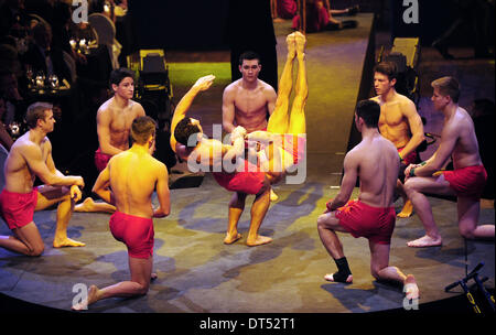 Wiesbaden, Germania. 08 feb 2014. Gli artisti interpreti o esecutori di eseguire routine di loro presso la quarantaquattresima "Ball des Sports (Sport palla) in Wiesbaden, Germania, 08 febbraio 2014. Questo anno il motto è "prung nach Sotschi' (Vai a Sochi). Foto: Daniel Reinhardt/dpa/Alamy Live News Foto Stock