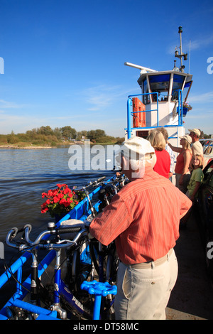 Elba percorso ciclabile, ciclisti su un traghetto tra Pevestorf und Lenzen, Bassa Sassonia, Germania, Europa Foto Stock