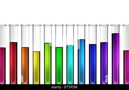 Molti tubi di prova iridata con liquidi colorati riempito in quantità differente Foto Stock