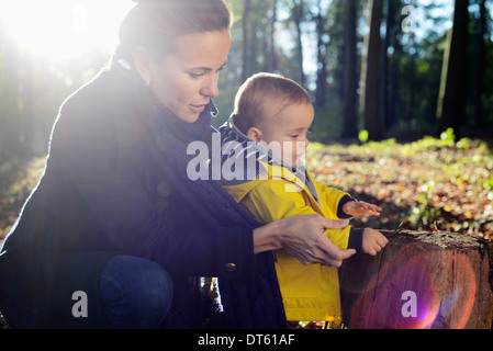 La madre e il giovane bambino guardando al ceppo di albero Foto Stock