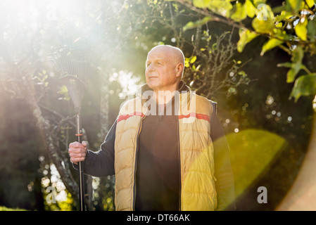 Senior uomo con rastrello Foto Stock