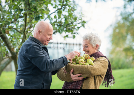 Ritratto di felice coppia senior con mele Foto Stock