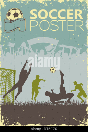 Soccer poster con i giocatori e tifosi in colori retrò su sfondo grunge, illustrazione Foto Stock