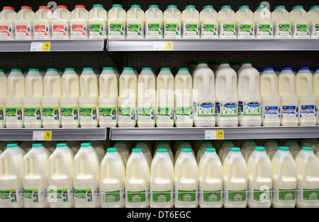 Bottiglie di latte esposte per la vendita su un supermercato britannico ripiano Foto Stock