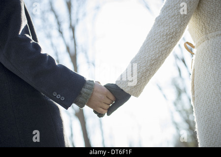 Due persone, una coppia di uomo e donna nel bosco in un giorno d'inverno. Tenendo le mani. Foto Stock