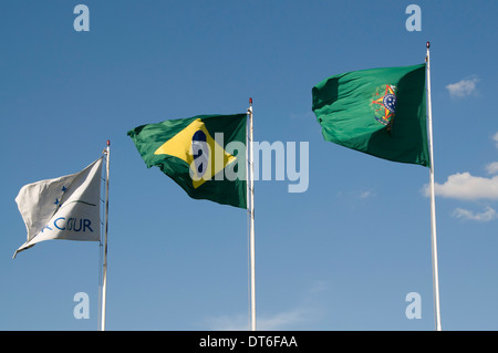 Le bandiere vengono abbassate giornalmente alle 18:00 dalla Guardia Presidenziale al Palazzo Presidenziale (residenza) a Brasilia, Brasile. Da sinistra a destra dell'immagine: Foto Stock