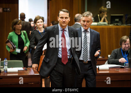 Bruxelles, Belgio. 10 Febbraio, 2014. Radoslaw Sikorski , Ministro degli affari esteri polacco arriva per un Consiglio dei ministri degli Affari esteri riuniti in sede UE a Bruxelles in Belgio su 10.02.2014 ministri degli esteri si sono incontrati per discutere il partenariato orientale, i recenti eventi in Ucraina e il referendum svizzero sulla libertà di circolazione, tra gli altri argomenti. da Wiktor Dabkowski Credito: Wiktor Dabkowski/ZUMAPRESS.com/Alamy Live News Foto Stock