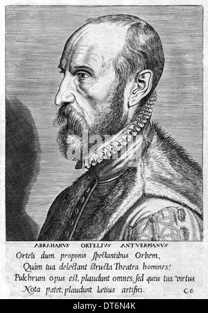 Abraham Ortelius (1527-1598) cartografo fiammingo creatore del primo moderno atlas Theatrum Orbis Terrarum (teatro del mondo). Foto Stock