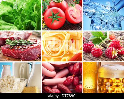 Varietà di prodotti alimentari diversi raccolti in un unico file. Foto Stock