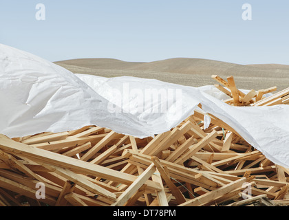 White tarp a copertura catasta di legno 2x4 prigionieri, terreni agricoli in background, vicino Pullman Foto Stock