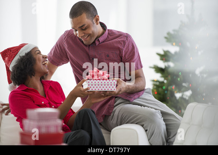 Una donna che indossa un rosso e bianco Babbo Natale hat. A casa. Un albero di Natale decorato. Foto Stock