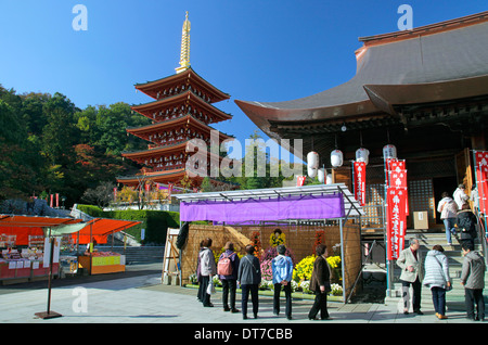 Takahata Fudo tempio cinque piani pagoda e crisantemo doll Tokyo Giappone Foto Stock