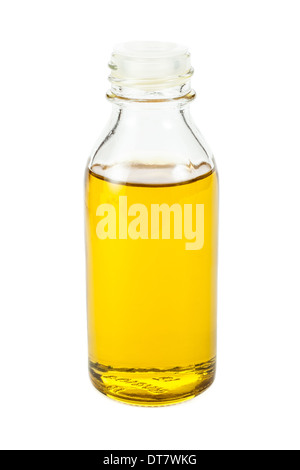 Olio di semi di lino in piccola bottiglia isolato su sfondo bianco Foto Stock