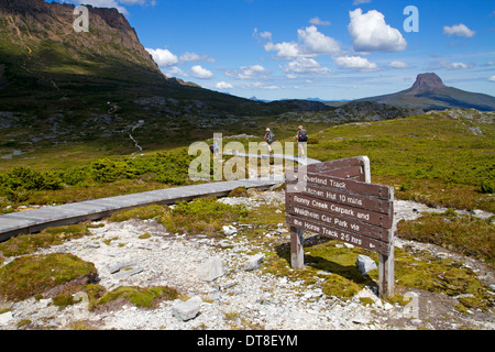 Gli escursionisti sull'Overland Track, con una prospettiva di Cradle Mountain e il fienile Bluff Foto Stock