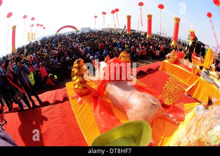 Qingdao, Cina Shandong. 12 feb 2014. La cerimonia di premiazione si terrà a rendere omaggio al mare dei e dee nella città di Qingdao, Cina orientale della provincia di Shandong, Feb 12, 2014. © Yu Fangping/Xinhua/Alamy Live News Foto Stock