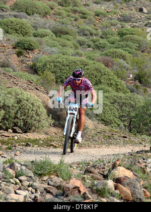 Un ciclista in mountainbike per competere in una prova su strada. Foto Stock