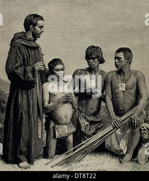 La Colombia. La missione spagnola. Raccolgo agostiniano frate conversione Guahibos indiani. Incisione, 1887. Foto Stock