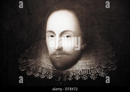 Mainz, Germania. 12 feb 2014. Un precedentemente sconosciuto ritratto del poeta inglese William Shakespeare è sul display in Mainz, Germania, 12 febbraio 2014. L'esperto Ildegarda Hammerschmidt-Hummel utilizzato un catalogo di criteri, che considerava il viso specifico e caratteristiche della patologia, per confermare l'autenticità dell'immagine. Il pittore del lavoro è sconosciuto come pure la sorte dell'originale. Foto: DANIEL REINHARDT/dpa / uso editoriale SOLO IN CONNESSIONE CON I REPORT SULLA PRESENTAZIONE/dpa/Alamy Live News Foto Stock