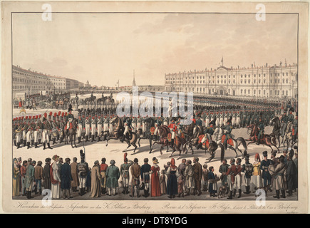 Un riesame della fanteria russa sulla Piazza del Palazzo a San Pietroburgo, 1809-1813. Artista: Kobell, Wilhelm Ritter von (1766-1853) Foto Stock