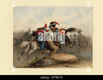 Cavallo francese Chasseurs della Guardia Imperiale in lotta con i cosacchi russi, c. 1830. Artista: Finert (Finart), Noël Dieudonné (1797-1852) Foto Stock