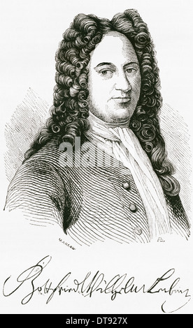 Gottfried Wilhelm von Leibniz, 1646 - 1716. Il tedesco matematico e filosofo. Ritratto e facsimile della sua firma Foto Stock