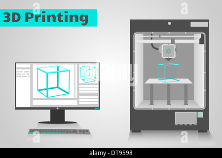 Stampante 3D di stampa ciano di un cubo di plastica dal computer. Monitor LCD mostra il software con interfaccia utente cubo 3D del modello. Foto Stock