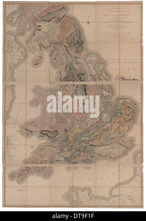 La delineazione degli strati dell Inghilterra e del Galles con una parte della Scozia (la prima mappa geologica dell'artista: Smith, William (1769-1839) Foto Stock