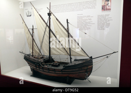 Modello di nave Pinta, al pontile del Caravelle (Muelle de las Carabelas) Museo, Huelva, Andalusia, Spagna. Foto Stock